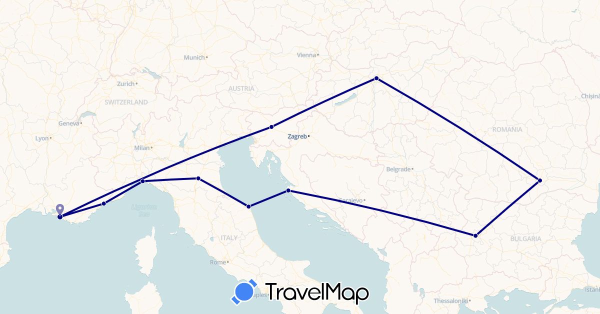 TravelMap itinerary: driving in Bulgaria, France, Croatia, Hungary, Italy, Romania, Slovenia (Europe)